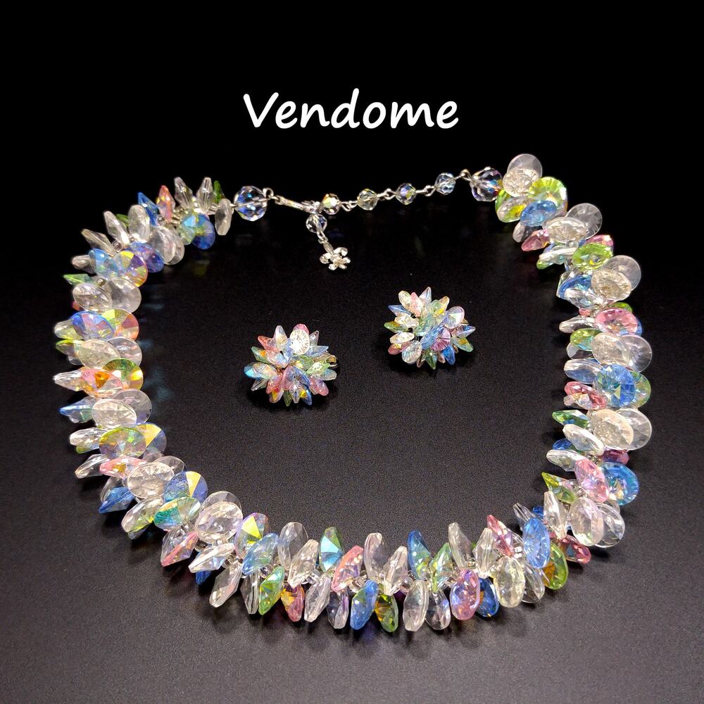 Vendome Pastel Lucite Beaded Necklace & Earrings, Aurora Borealis, 1960s Vintage